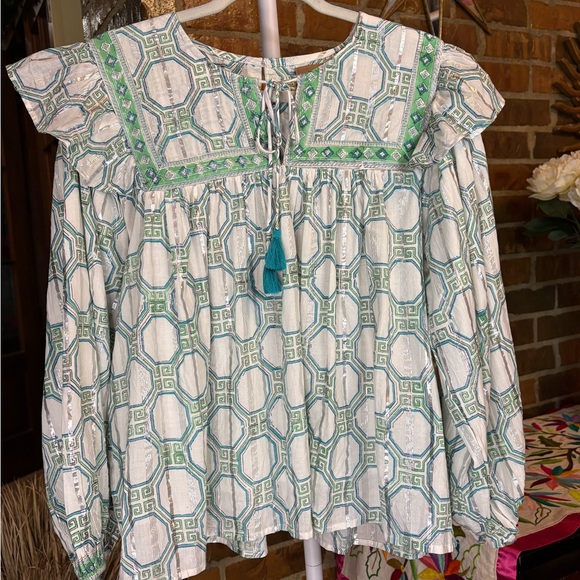 Clara The Label Tops - Elegant Blue and Green Geometric Blouse